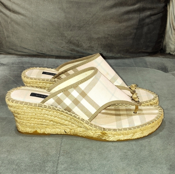 Burberry Pink Plaid Check Espadrille Wedge Thongs Flip Flops Sandals Size 39 - Picture 2 of 7